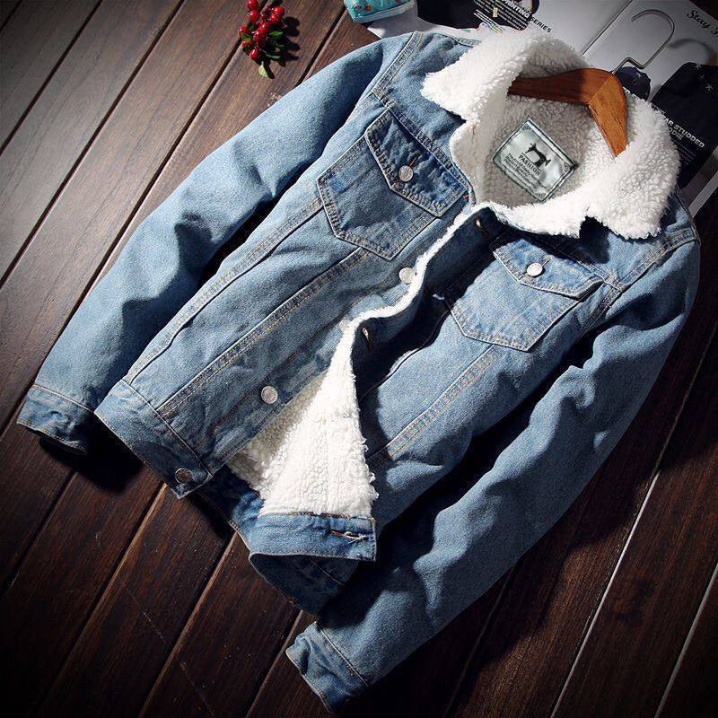 Trendy Men's Winter Light-Colored Lamb Velvet Denim Jacket Korean Style Large Size Jacket Fleece-Lined Thickeneded Export Top