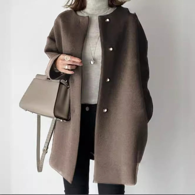 4-Color High-Quality In-Stock Japanese-Style Straight Coat for Women, 2026 Autumn and Winter, Elegant Solid Color Simple Woolen Jacket Top