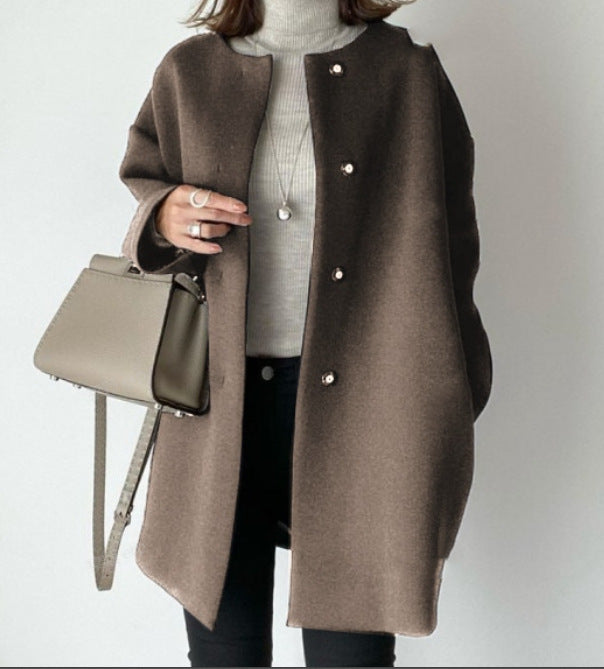 4-Color High-Quality In-Stock Japanese-Style Straight Coat for Women, 2026 Autumn and Winter, Elegant Solid Color Simple Woolen Jacket Top