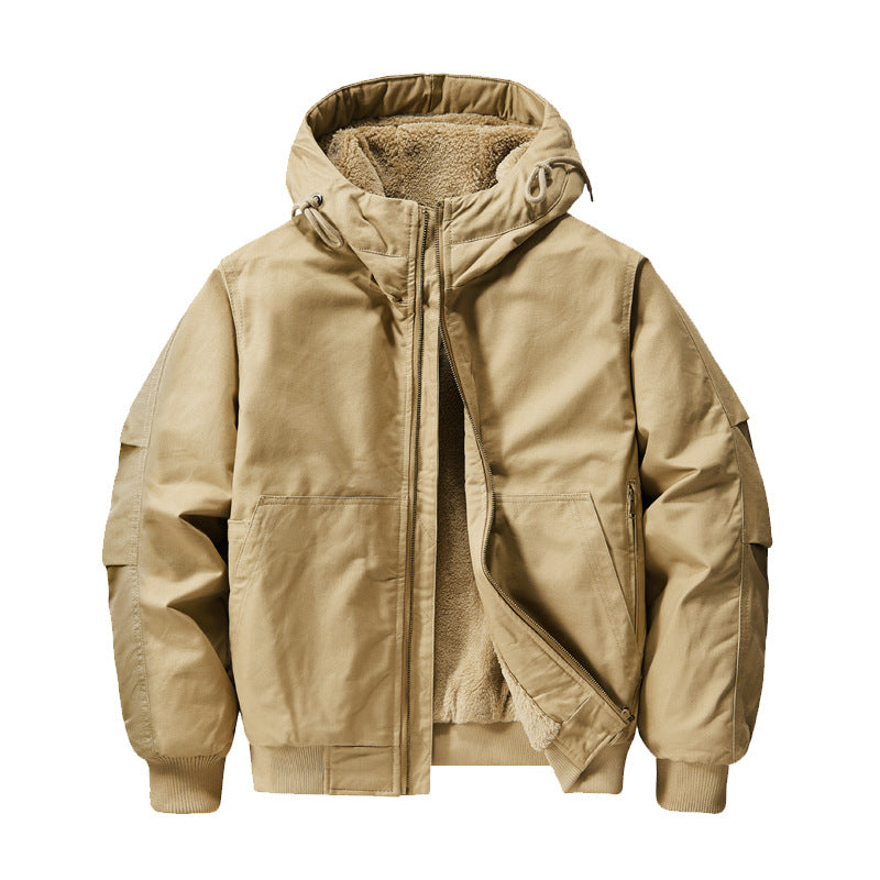 Cross-border New Jacket Autumn and Winter Coat Men's Cotton Coat fleece-lined Thickened Pure Cotton Tooling Flying Short plus size Hooded
