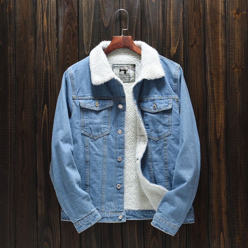 Trendy Men's Winter Light-Colored Lamb Velvet Denim Jacket Korean Style Large Size Jacket Fleece-Lined Thickeneded Export Top