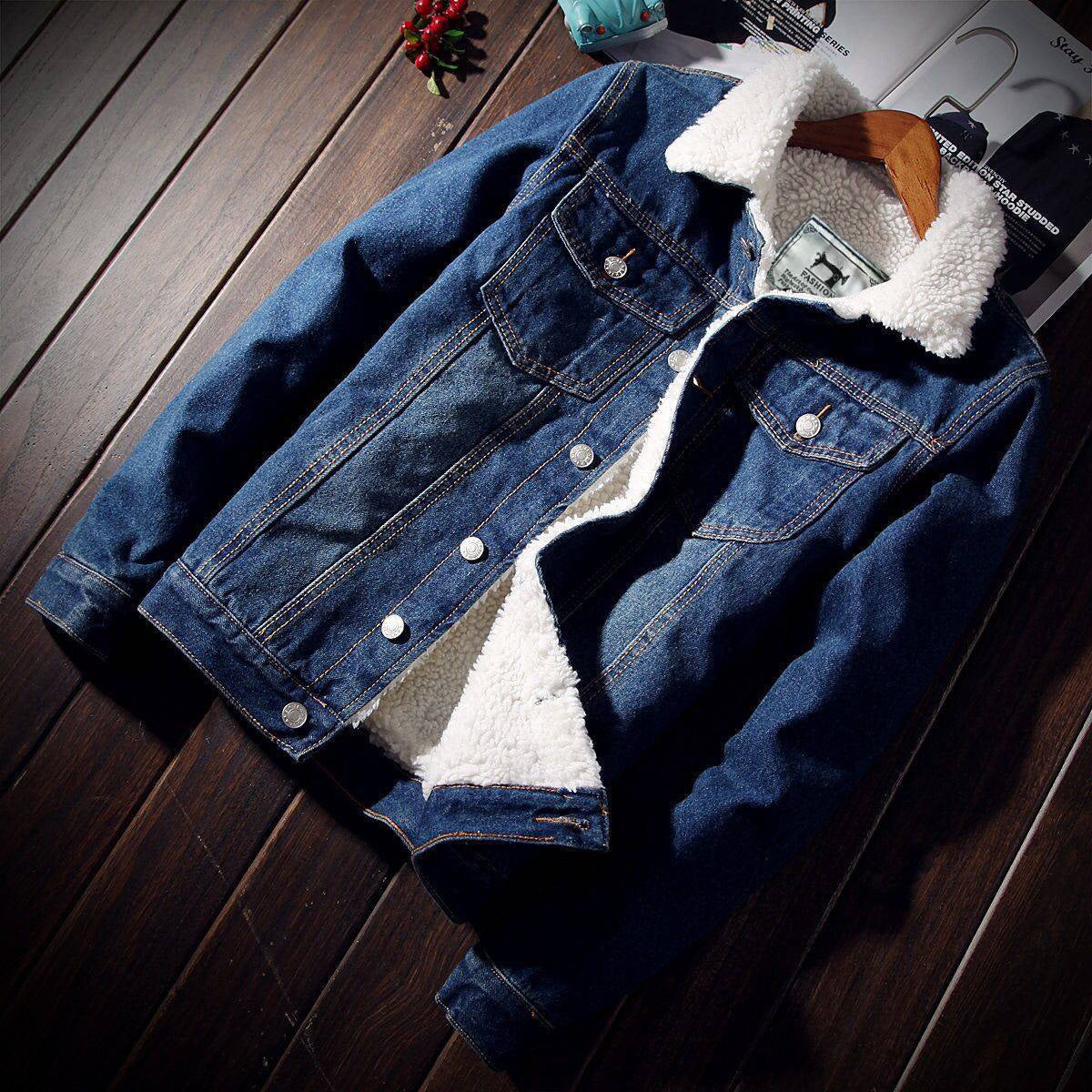 Trendy Men's Winter Light-Colored Lamb Velvet Denim Jacket Korean Style Large Size Jacket Fleece-Lined Thickeneded Export Top