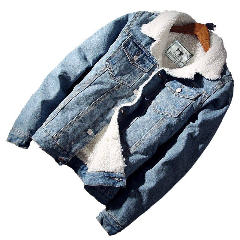 Trendy Men's Winter Light-Colored Lamb Velvet Denim Jacket Korean Style Large Size Jacket Fleece-Lined Thickeneded Export Top