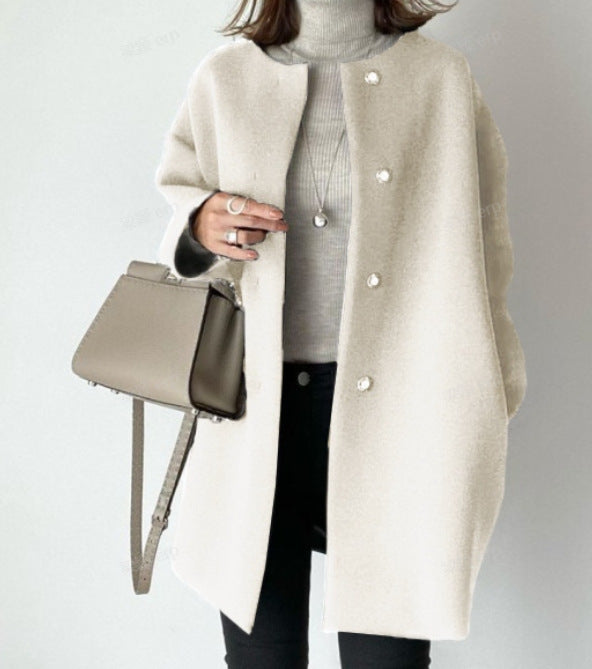 4-Color High-Quality In-Stock Japanese-Style Straight Coat for Women, 2026 Autumn and Winter, Elegant Solid Color Simple Woolen Jacket Top